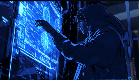 A dark blue picture containing person wearing a hoody in front of a computer panel. 