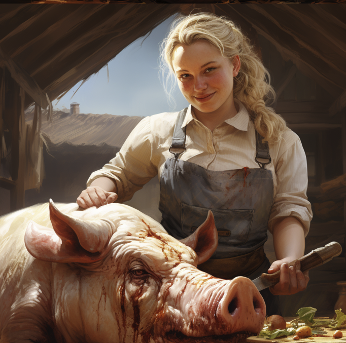 aigenerative_realistic_young_and_fat_blond_woman_butcher_with_c_9c83fbad-046a-4a38-a47e-0e781adf56e1 young woman with a knife butchering a large pig